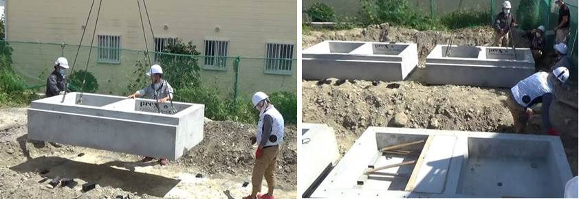 プレキャスト基礎工法。70㎡程度の建物であれば四隅に工場生産された基礎のブロックを設置するだけなので作業は2時間ほどで終わる